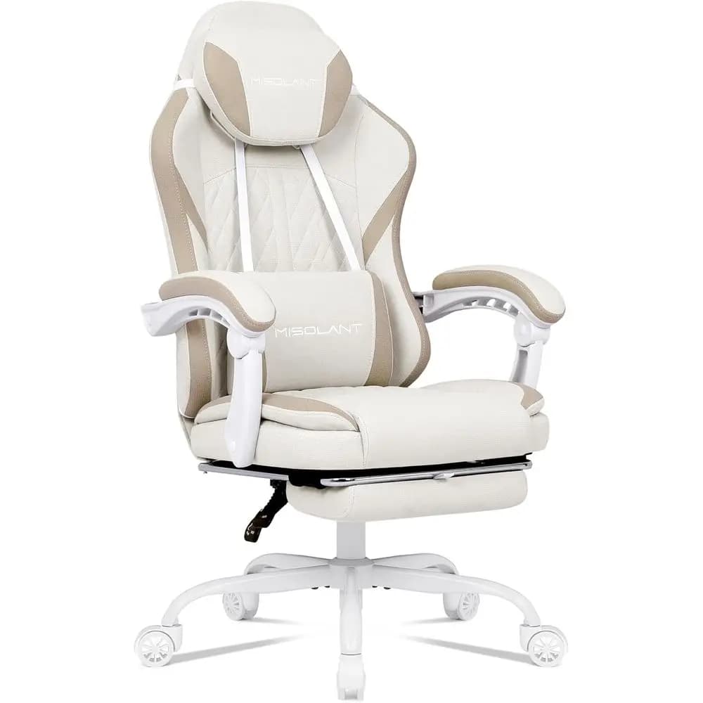 Sedia da Gaming Ergonomica con Schienale Alto, Poggiapiedi Regolabile e Supporto Lombare Massaggiante, 90-155 ° Poltrona Reclinabile, Beige