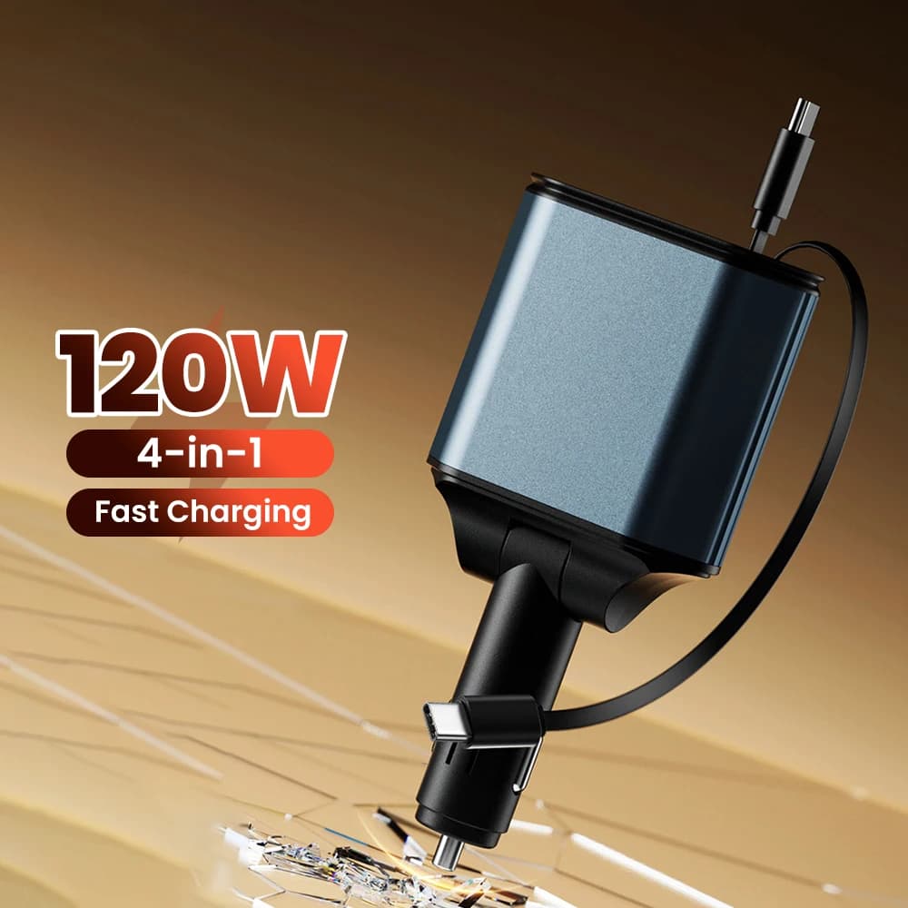 Caricabatteria da auto da 120 W con cavo retrattile doppio tipo C da 80 cm Caricatore per telefono da auto 4 in 1 a ricarica rapida per iPhone 15 16 Samsung Huawei