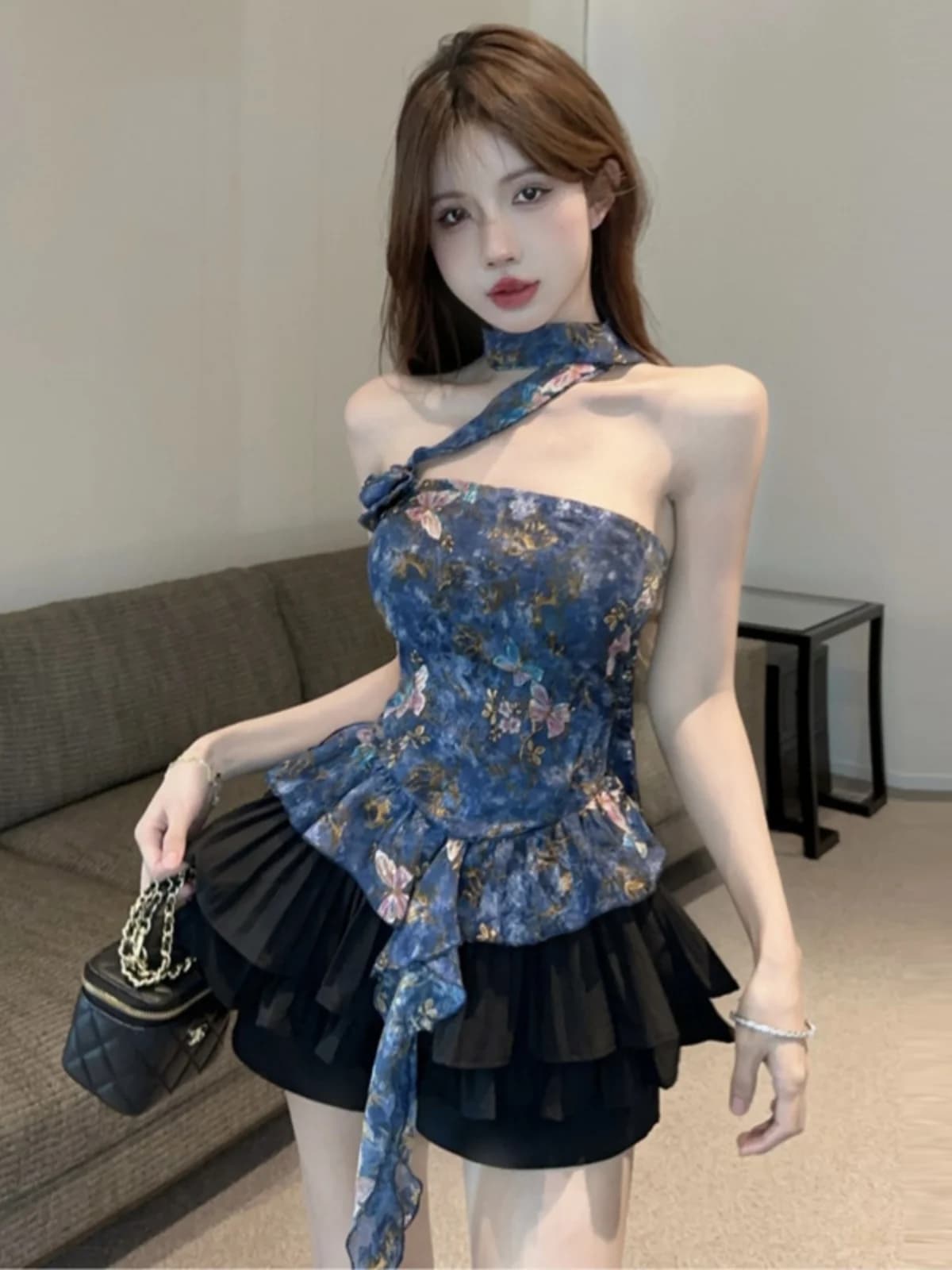 Gracie's Home Retro Oil Painting Print Flounce Hem Pleated Skirt Top Set Vintage Style Spring Summer Autumn Women's...
