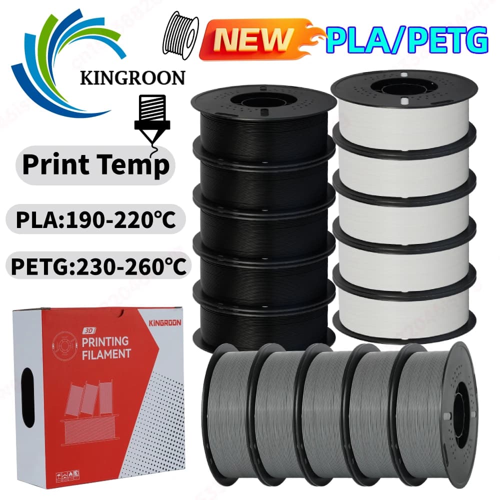KINGROON 3D Printer Filament PLA PETG TPU ABS 5KG Bundle Black White Gray 1.75mm No bubbles Plastic 5 roll 1kg , Random Spool