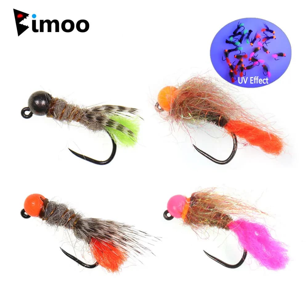 Bimoo 4 Pezzi Esche Artificiali per la Pesca alla Trota, Mosche Artificiali Nymph con Testa in Tungsteno Senza Ardiglione, a Rapido Affondamento, Hare's Ear Dub Euro, Fluorescenti, Wet Fly