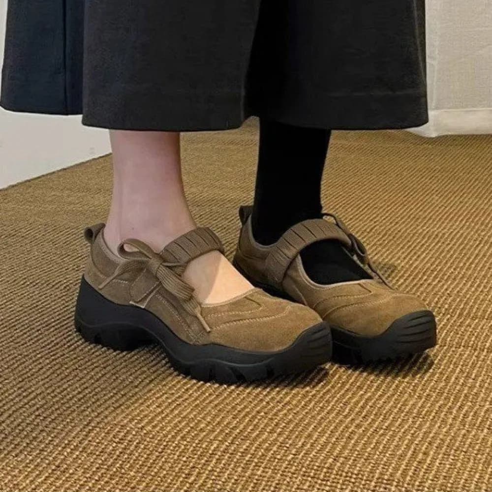Matte Leather Mary Jane Sports Casual Shoes Women Thick Bottom Strap Brown Simple Laced Low Cut Single Shoes Leisure Footwear