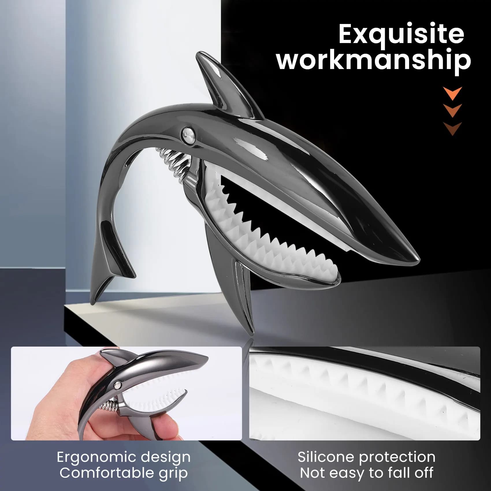 AA90 Capotasto per Chitarra Shark in Lega di Zinco per Chitarre Acustiche, Elettriche, Classiche e Basso, Ukulele, con Plettro, Nero