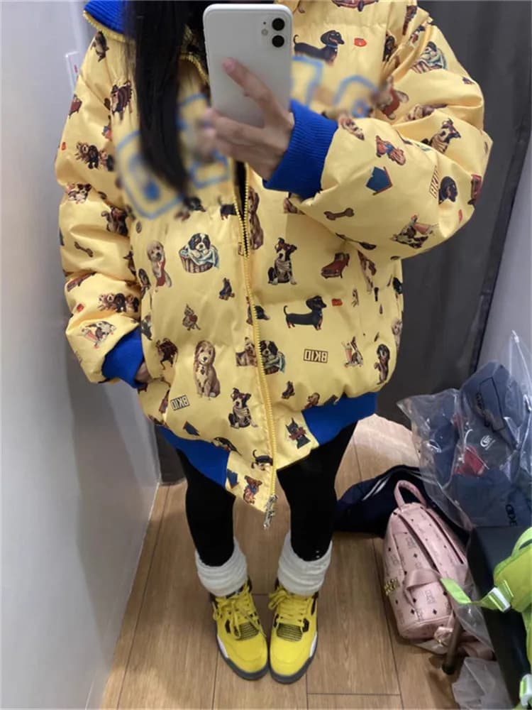 Cappotto Invernale da Donna Plus Size in Cotone Morbido con Stampa Cane, Collo Alto, Imbottito Caldo, Maniche Lunghe e Cerniera