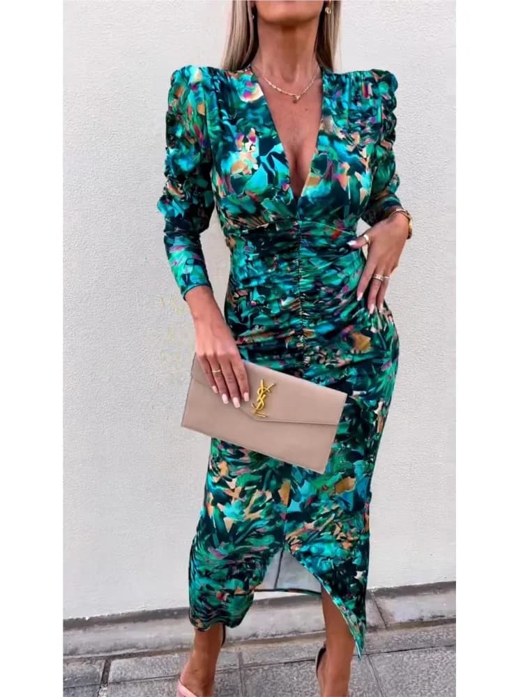 2025 Primavera Estate donna Abiti a fessura Manica lunga Scollo a V Abito floreale femminile Slim Vita alta Office Lady Matita abiti Robe