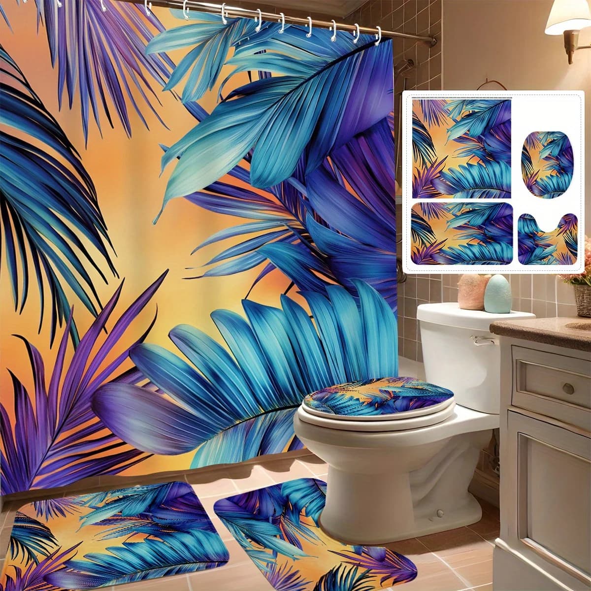 Set di tende da doccia da 4 pezzi, foglie di palma tropicali blu e marroni, arredamento moderno per il bagno, include 12 ganci, tappetino da bagno antiscivolo