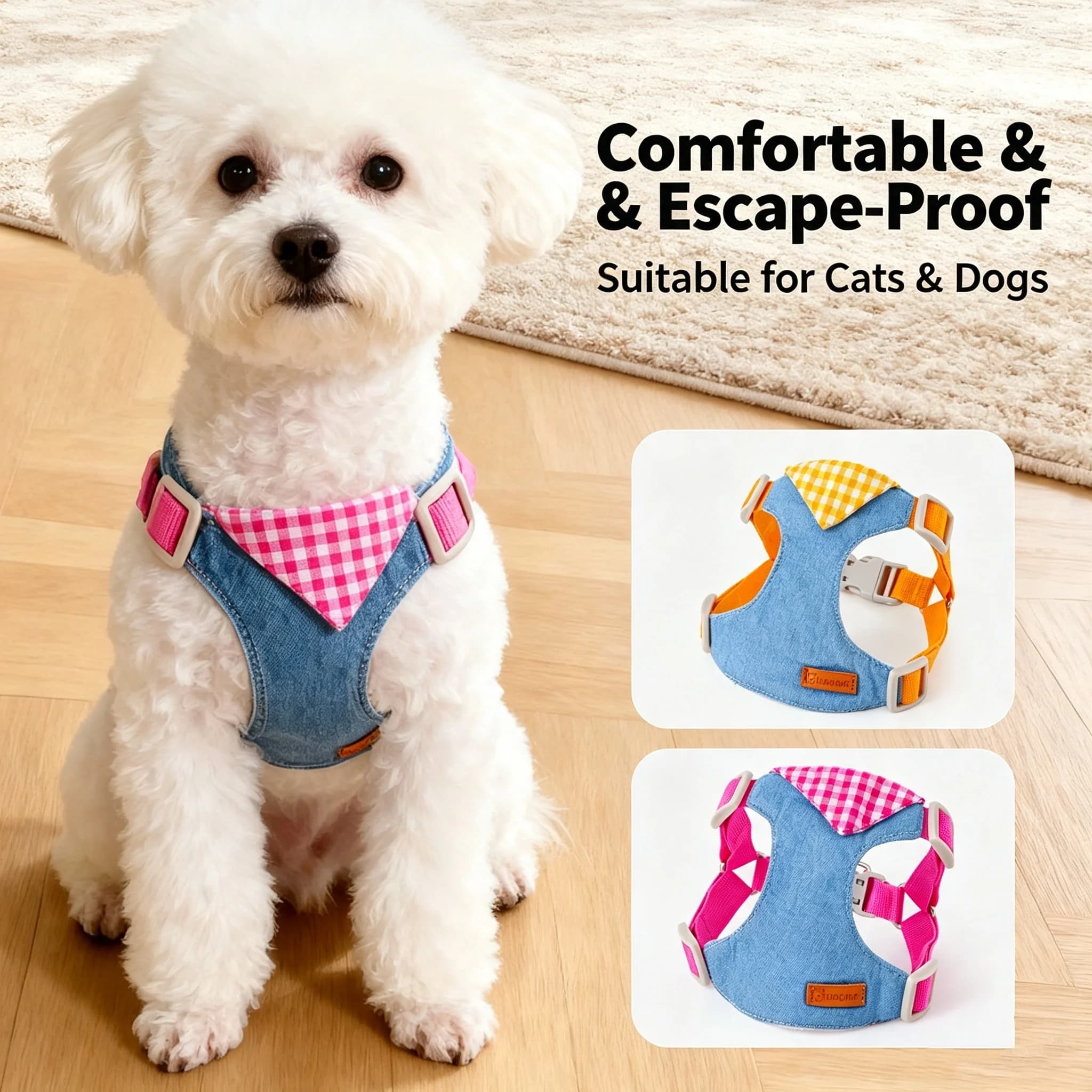 Sweet Denim Plaid Scarf Pet Vest Harness Soft Adjustable Buckles Puppy Walking Set For Small Medium Dogs Cats Chihuahua Harness