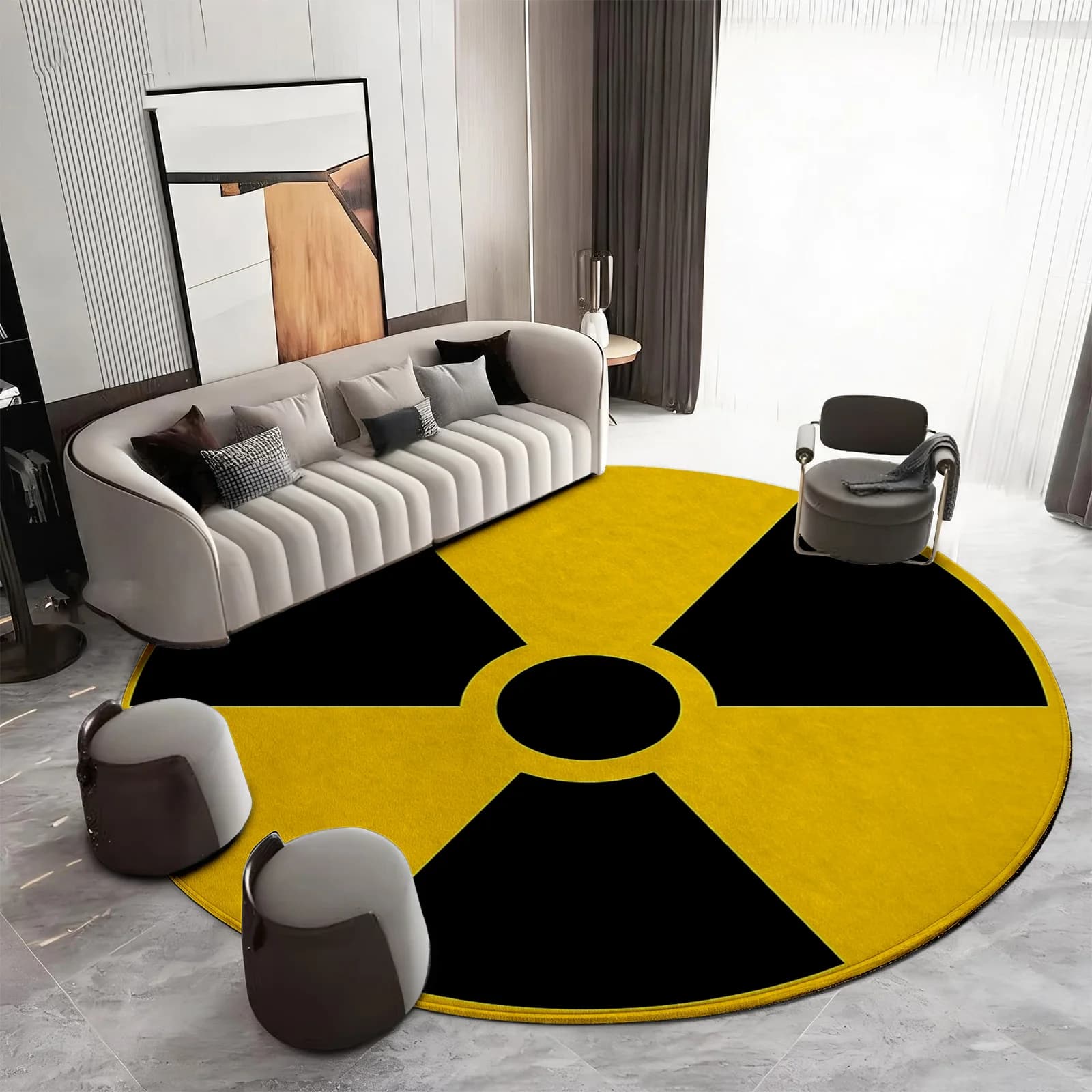 Yellow Radioactive Symbol Round Area Rug Modern Graphic Design Statement Carpet Mat for Living Room Accent Decor Floor Mat