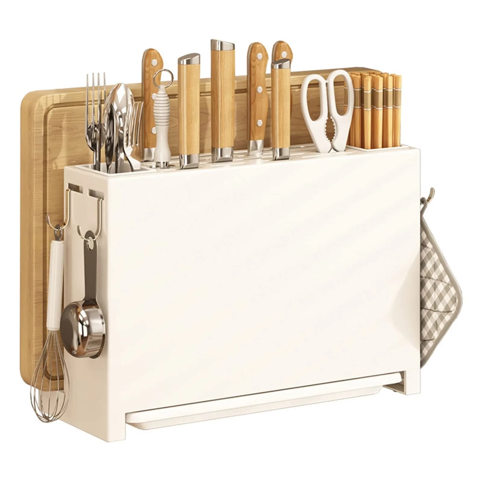 White Kitchen Knife Rack Holder with Chopsticks Storage Cutting Board Stand Compact Countertop Organizer for Small Home Kitchen