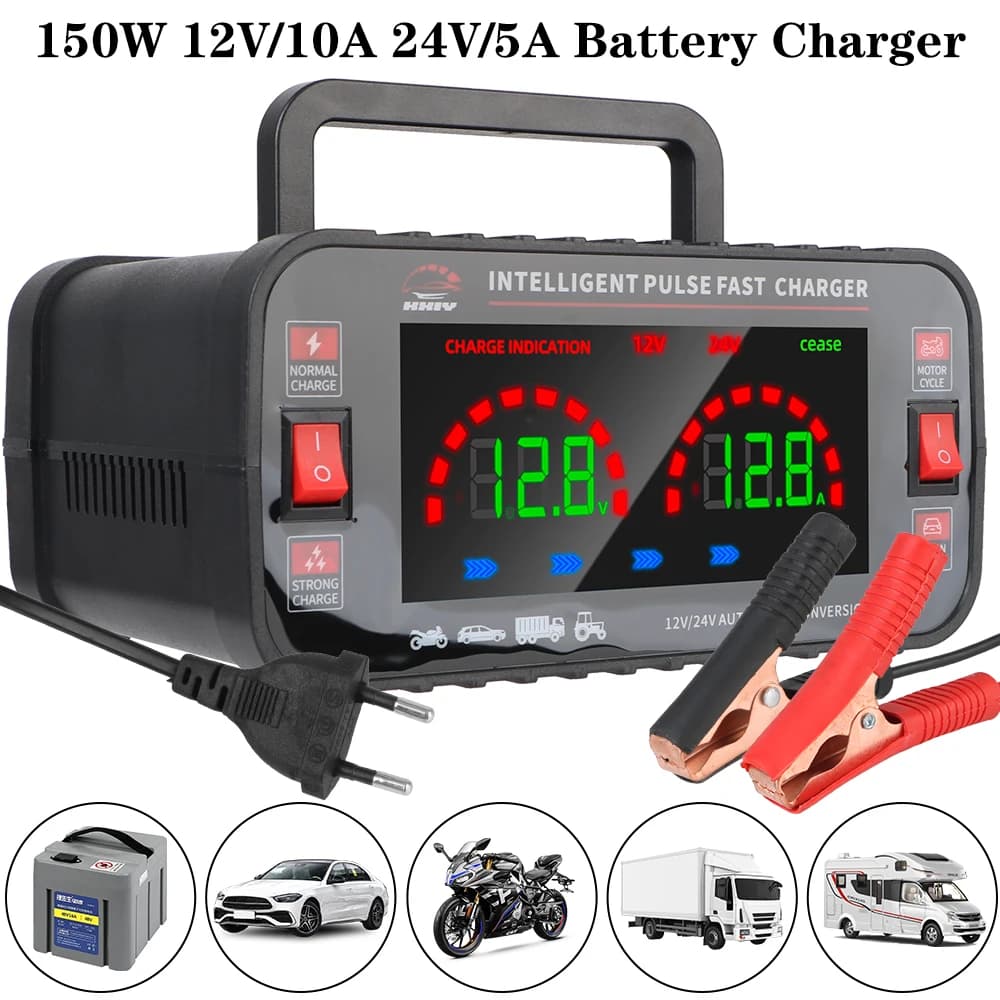 Spina UE 12V/10A 24V/5A Caricabatteria per auto per batterie al piombo AGM GEL Ad alta potenza Riparazione impulsi completamente automatica 150W