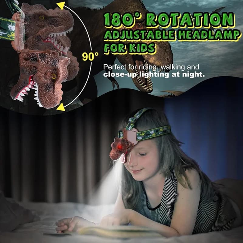 【Vendita calda】 Torcia frontale per bambini con dinosauro Torcia frontale a LED ricaricabile Modalità ruggente e silenziosa, giocattolo T-Rex, attrezzatura da campeggio