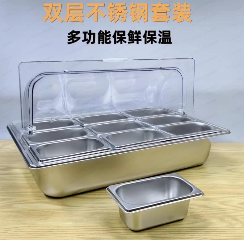 Contenitore da banco per alimenti con 6 vaschette, dispenser per condimenti per insalate, antipasti e frutta, vassoio per buffet freddo.