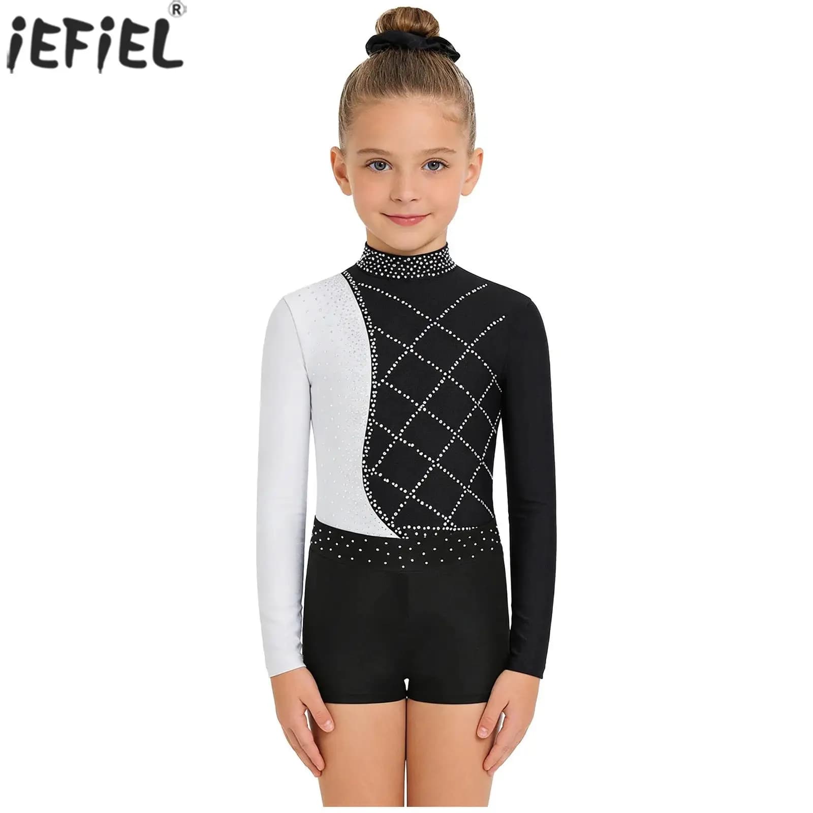 Bambini Ragazze Ginnastica Balletto Danza Pattinaggio di Figura Acrobazie Costume Manica Lunga Strass Lucidi Body con Pantaloncini Fascia per Capelli