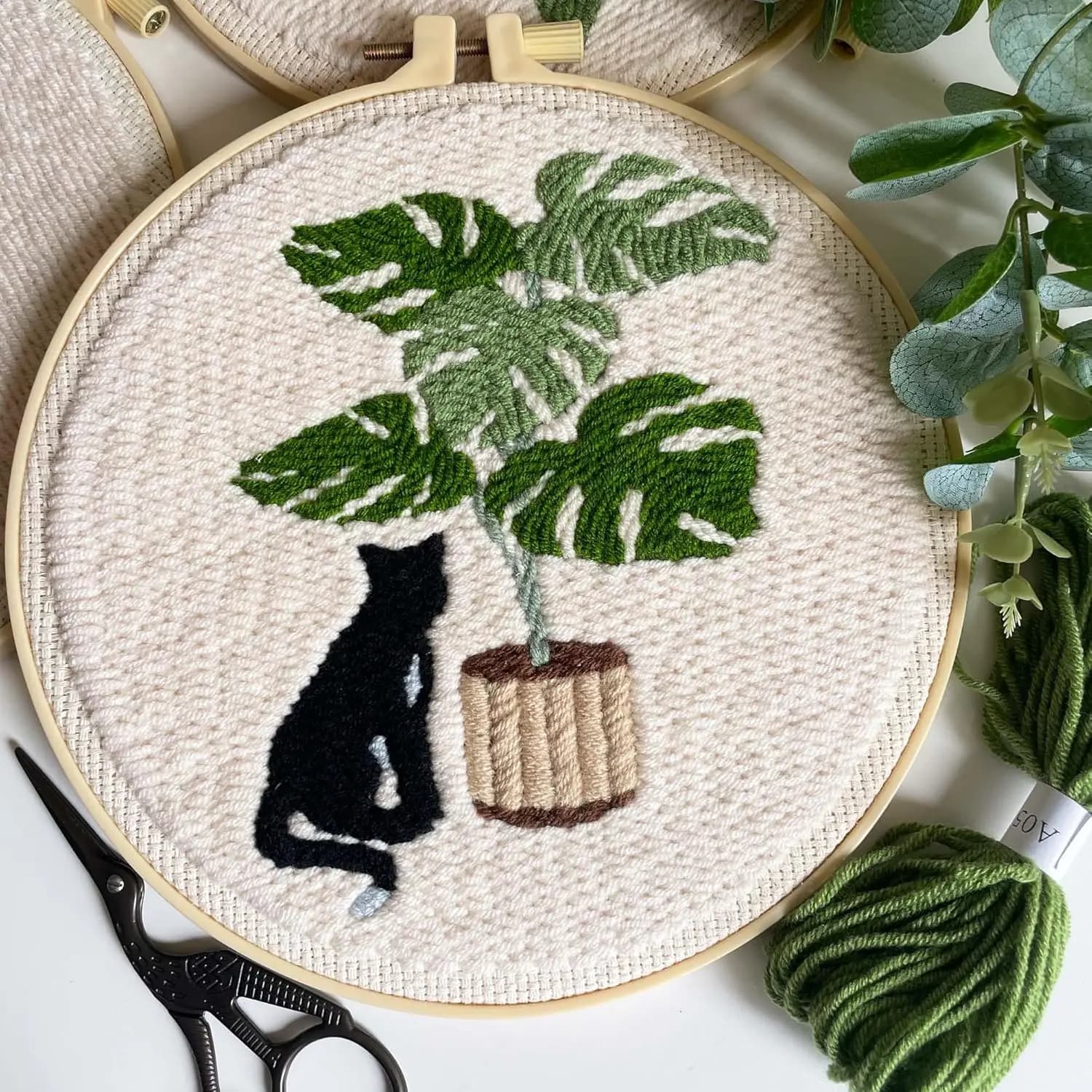 CHENISTORY DIY Punch Needle Kits for Beginners Cat with Hoop Embroidery Punch Needle Craft Set Easy for Adults Home Decor