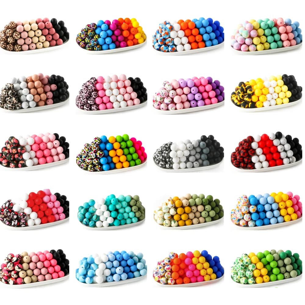 30 pieces 15 mm round silicone beads printed set of mixed colors for creating jewelry accessories for necklace bracelet pen keychain diy
