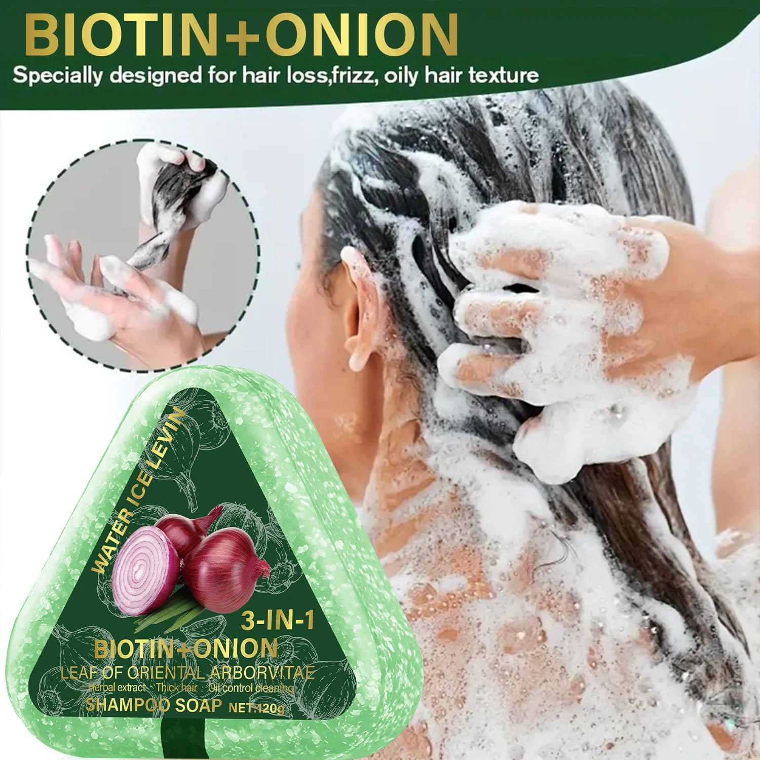 Estratti vegetali in barra shampoo 3 in 1 con cipolla alla biotina che nutrono. Lucentezza per la pulizia profonda. Leviga, previene i grovigli. Capelli neri. 120 g.