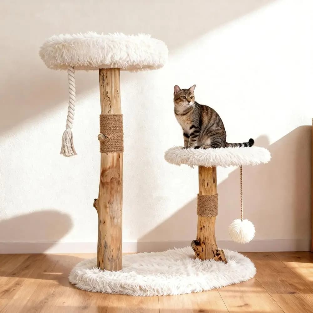 33 Tiragraffi per Gatti in Legno Naturale Premium con Palo in Sisal, Piattaforme, Giocattolo a Sfera - Colore Naturale