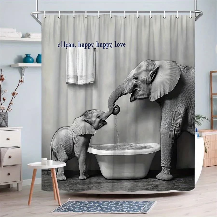 1 pezzo e elefante adulto con tenda da doccia per vasca da bagno: design fotografico in bianco e nero, arredamento bagno minimalista, poliestere durevoli