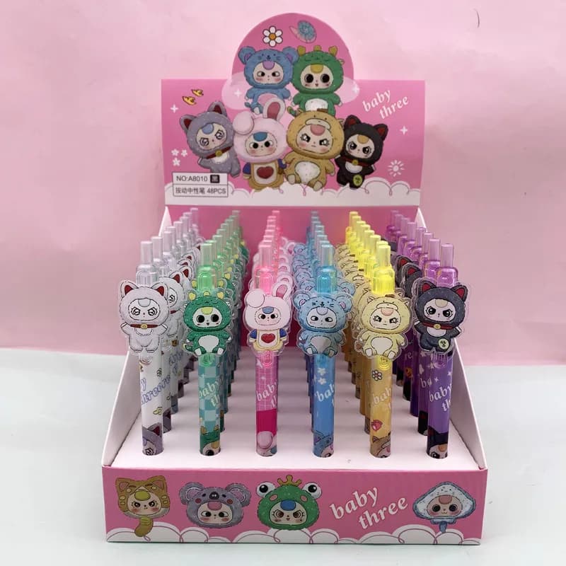 Penna Gel Retrattile Originale Baby Three, Confezione da 48 Pezzi, Penne con Figure 3D Cartoon Carine, Scrittura Fluida, Cancelleria per Studenti