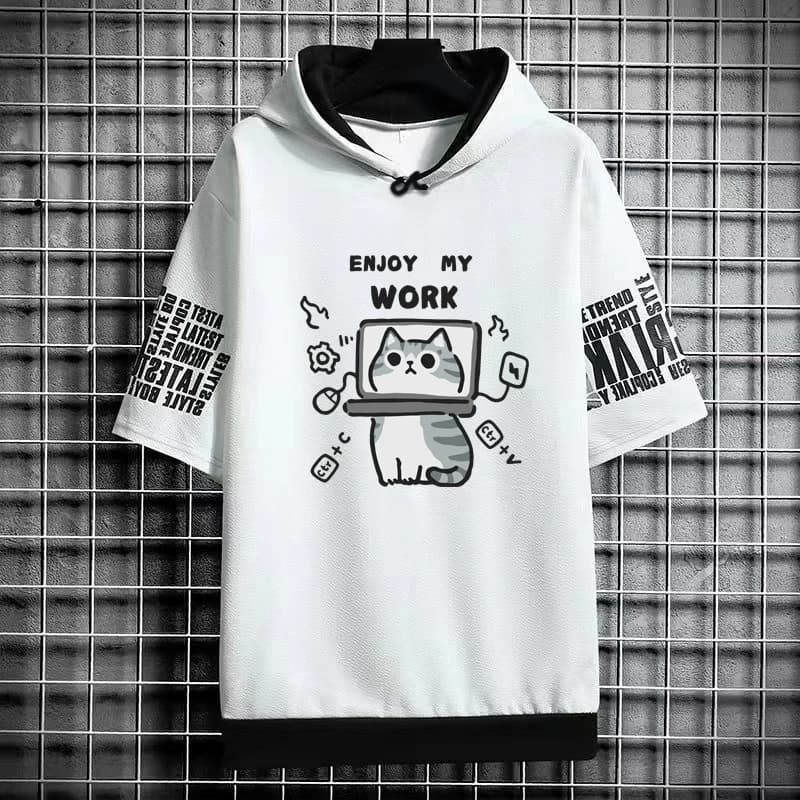 T-shirt da uomo Harajuku con cappuccio da donna T-shirt grafica con stampa di gatti dei cartoni animati Streetwear Camicia divertente Moda coreana Top a manica corta
