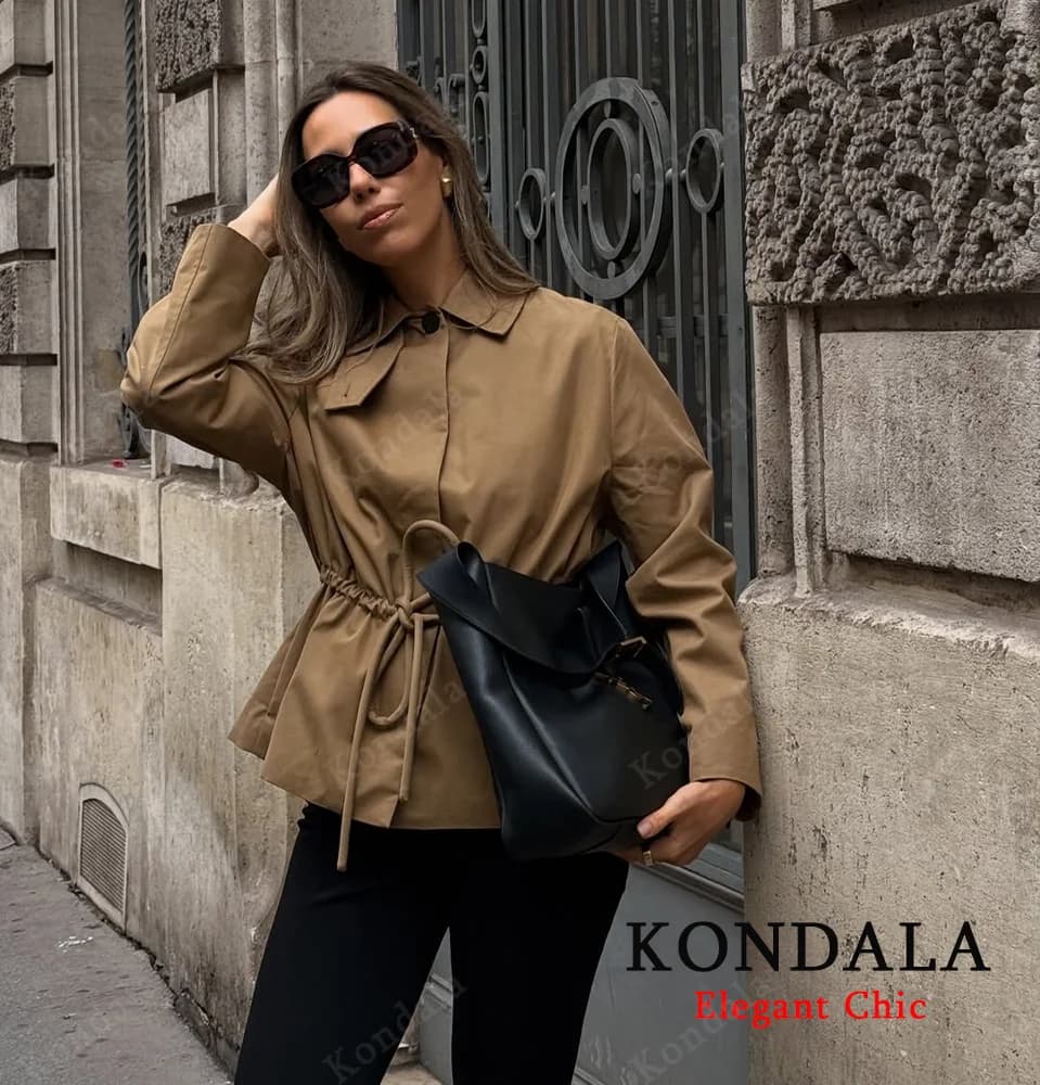 KONDALA Donna Autunno Elegante Giacca da pendolare Cappotto corto con lacci in vita 2025 Primavera Autunno Moda High Street Giacca casual da donna