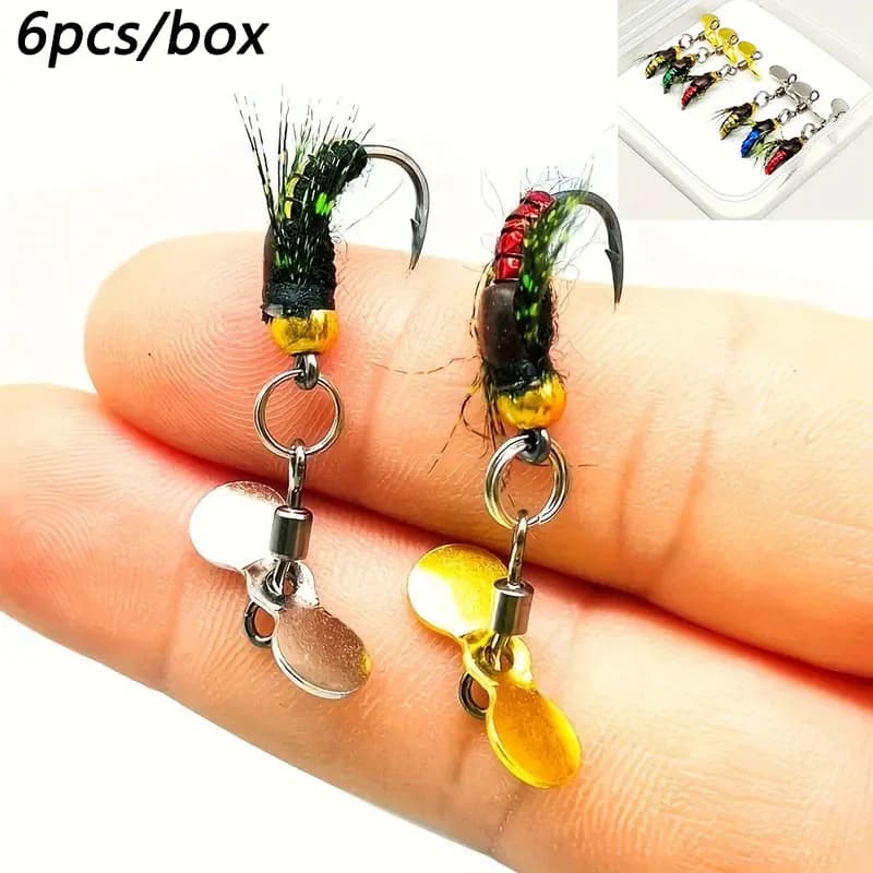 6PCS Bionic insects Ape Mosques Fly fishing bait Flying bait Paillettes Love Artificial insects Spinner Esche Soft Richiamo Box of equipment