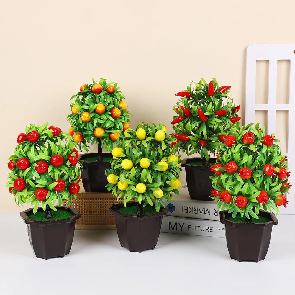 Regalo Piante Artificiali Decorazione Casa Bonsai con Bacche Arancioni Albero Frutteto in Vaso Melograno Peperoncino