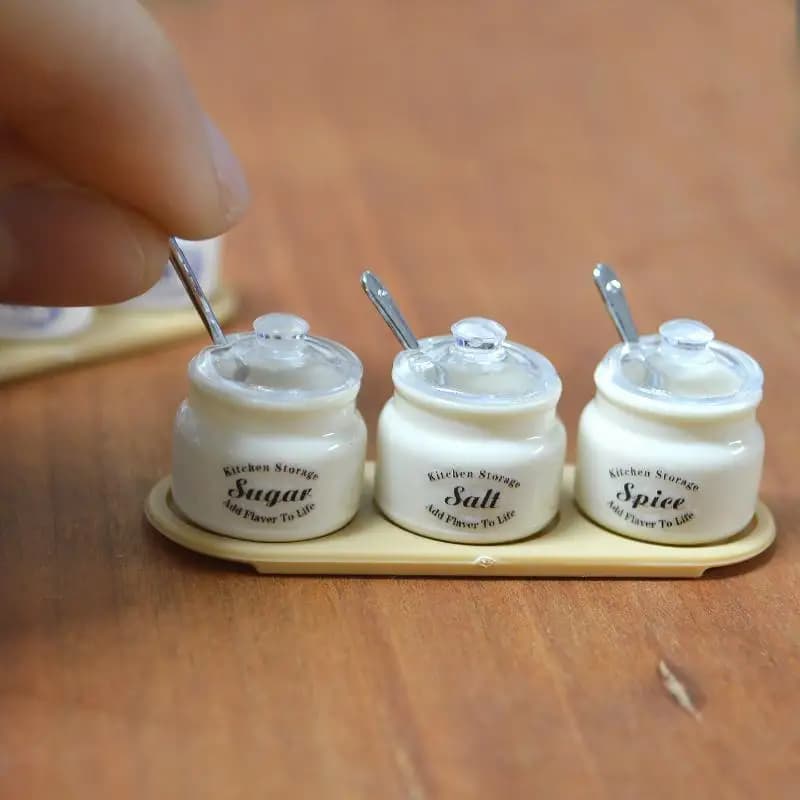 6 Scale Dollhouse Spice Jar Model Set with Spoons Stickers Mini Kitchen Storage Containers for Realistic Pretend Playtime Decor
