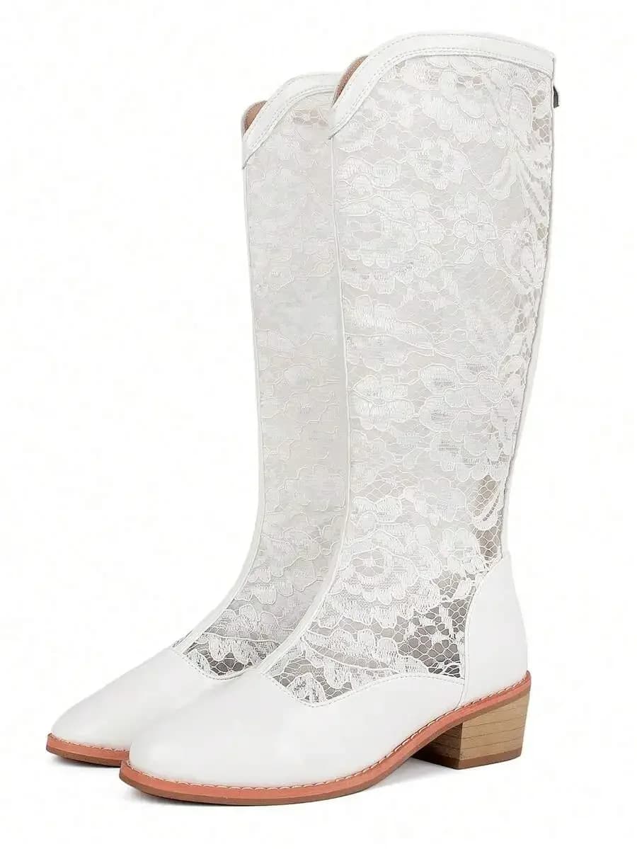 Womens Knee High Western Boots Lace Up Back Zipper Low Block Heel Cowgirl Booties Stylish Casual Party Dress Shoes