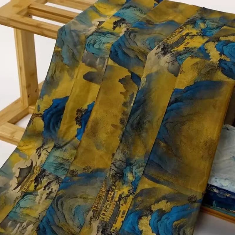 Chinese Landscape Painting Fabric Silk Stretch Satin Cloth for Cheongsam Hanfu DIY Sewing Craft Dress Stage Clothing Supplies