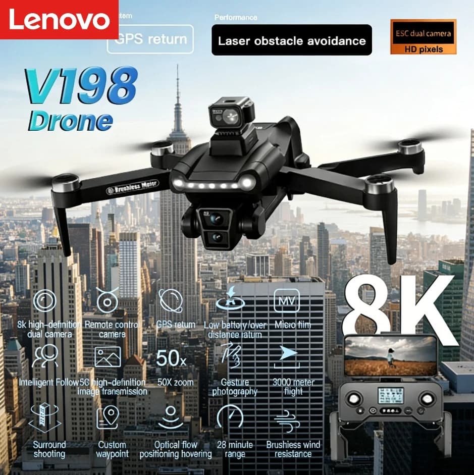 Drone Lenovo V198GPS 4K Professional FPV Brushless With Avoidance Laser Obstacles, Quadricotter Mini 8K Folder