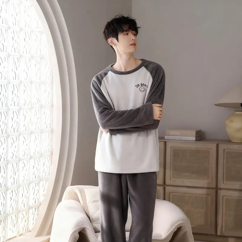 Men's Gray Thick Flannel Pajama Set Warm Winter Fleece Long Sleeve Sleepwear Loungewear