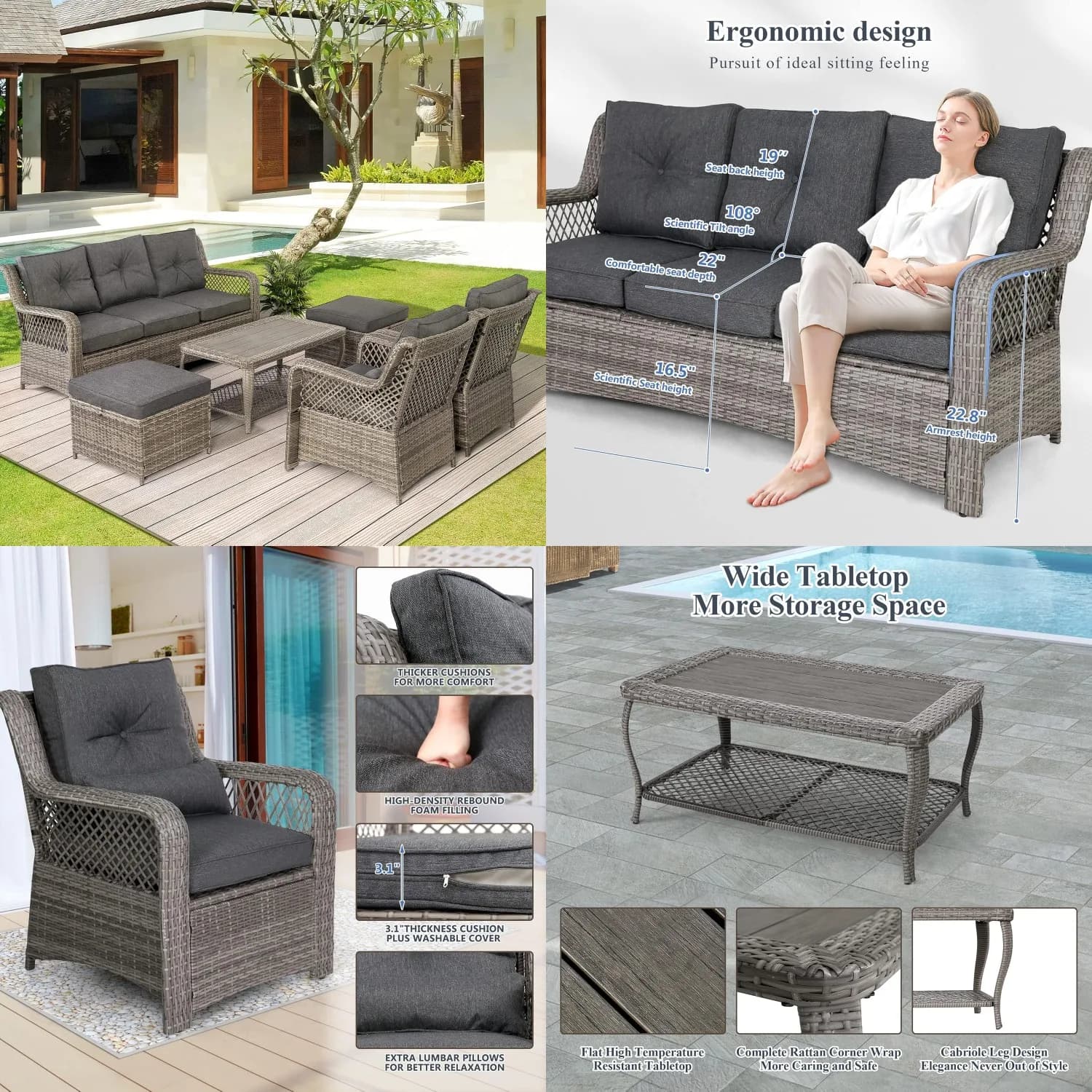 Set da Patio in Vimini 6 Pezzi, Divano Sezionale in Rattan con Schienale Alto, Poltrona, Tavolo, Cuscini, per Giardino Esterno Personalizzabile
