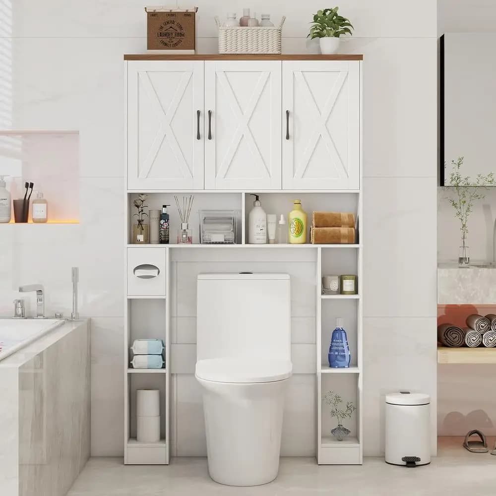 Mobiletto Salvaspazio da Posizionare Sopra il WC con Ripiani, Portarotolo e Portasciugamani - Bianco