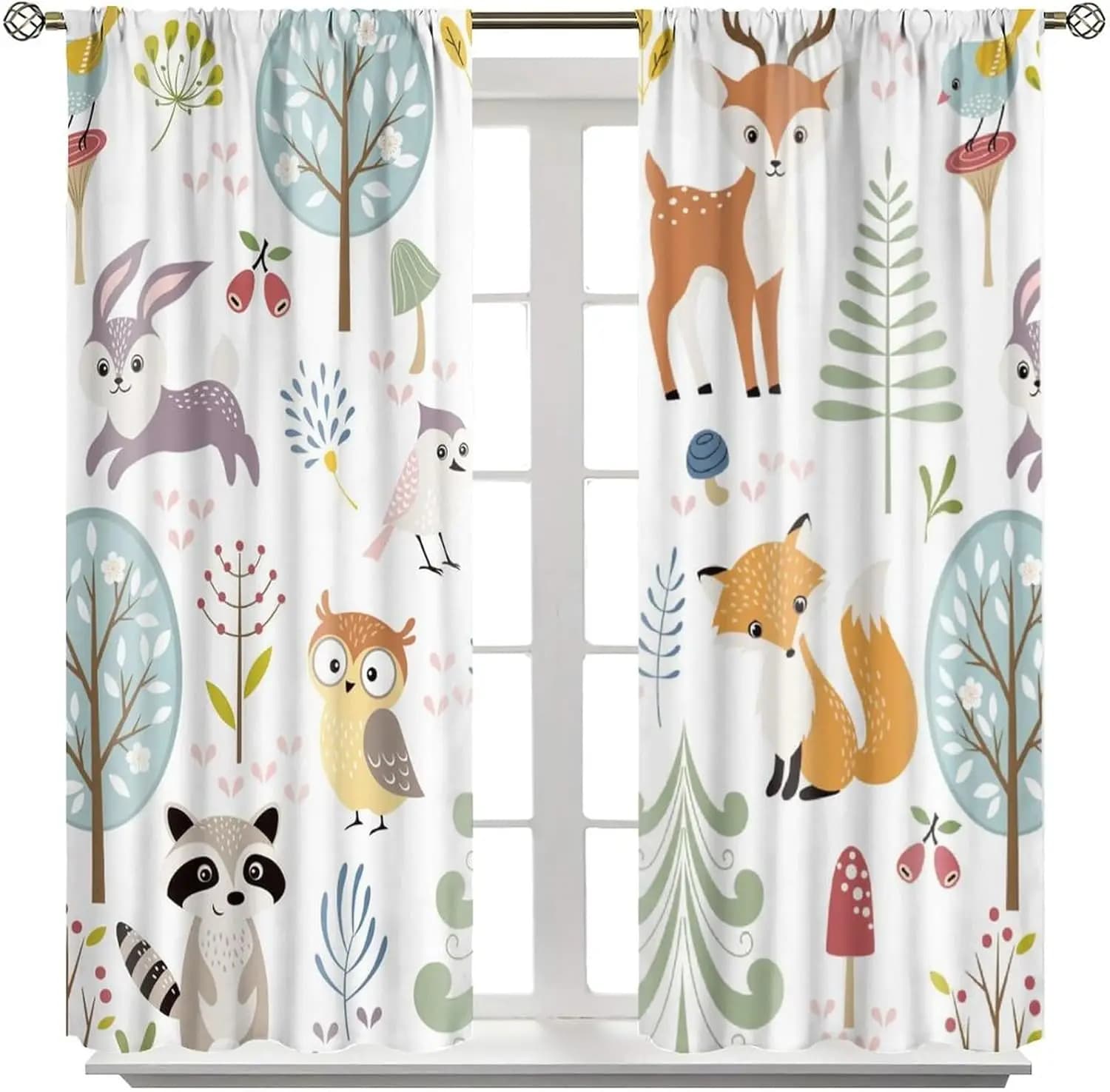 "Woodland Friends" Curtains – Deer, Fox & Owl Design on White Background, 2 Panels for Kids' Room or Nursery