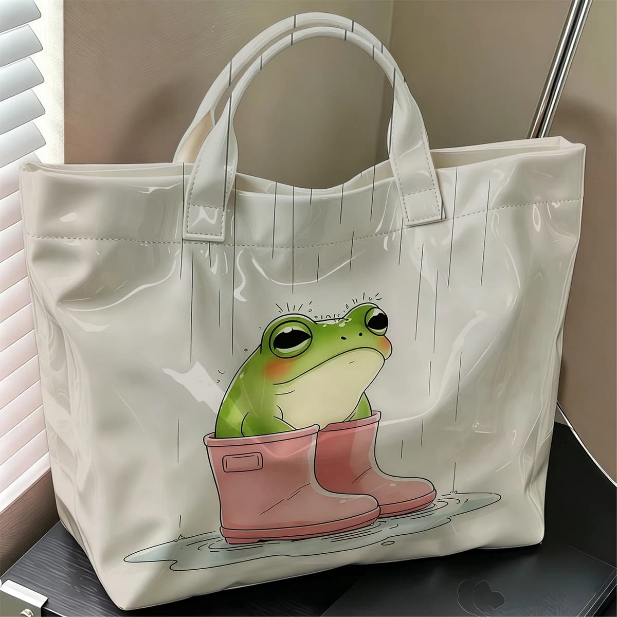 Frog Art Stylish Large Glossy PVC Tote Bag Washable Waterproof Durable Ideal for Travel Commute Cosmetics Books Handbags