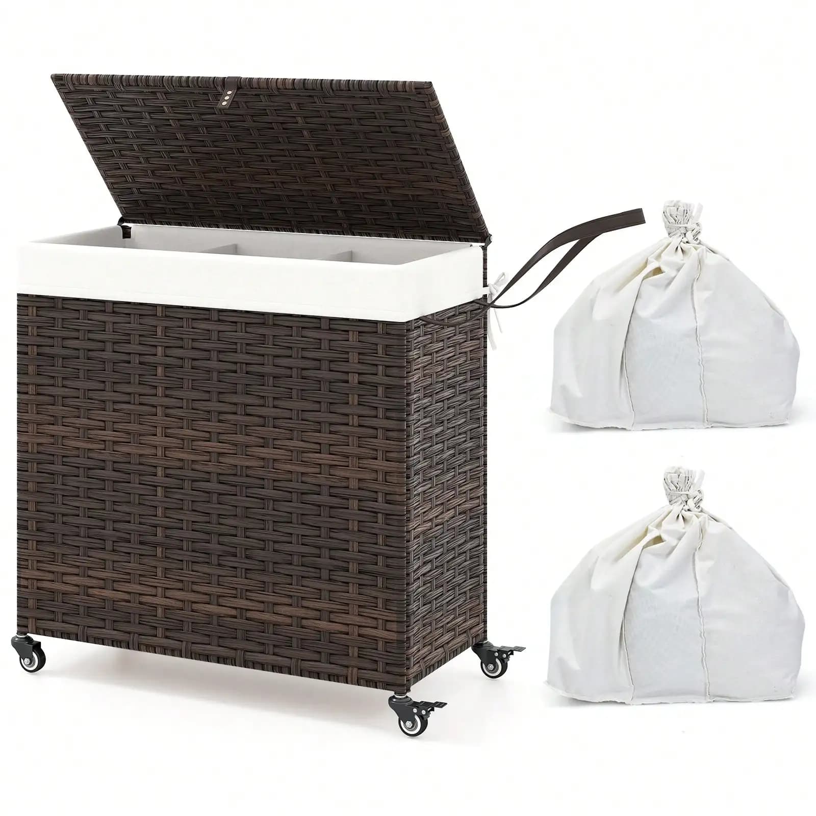 Laundry Hamper W/Wheels & Lid 125L 3-Section Clothes Hamper W/2 Liner Bags