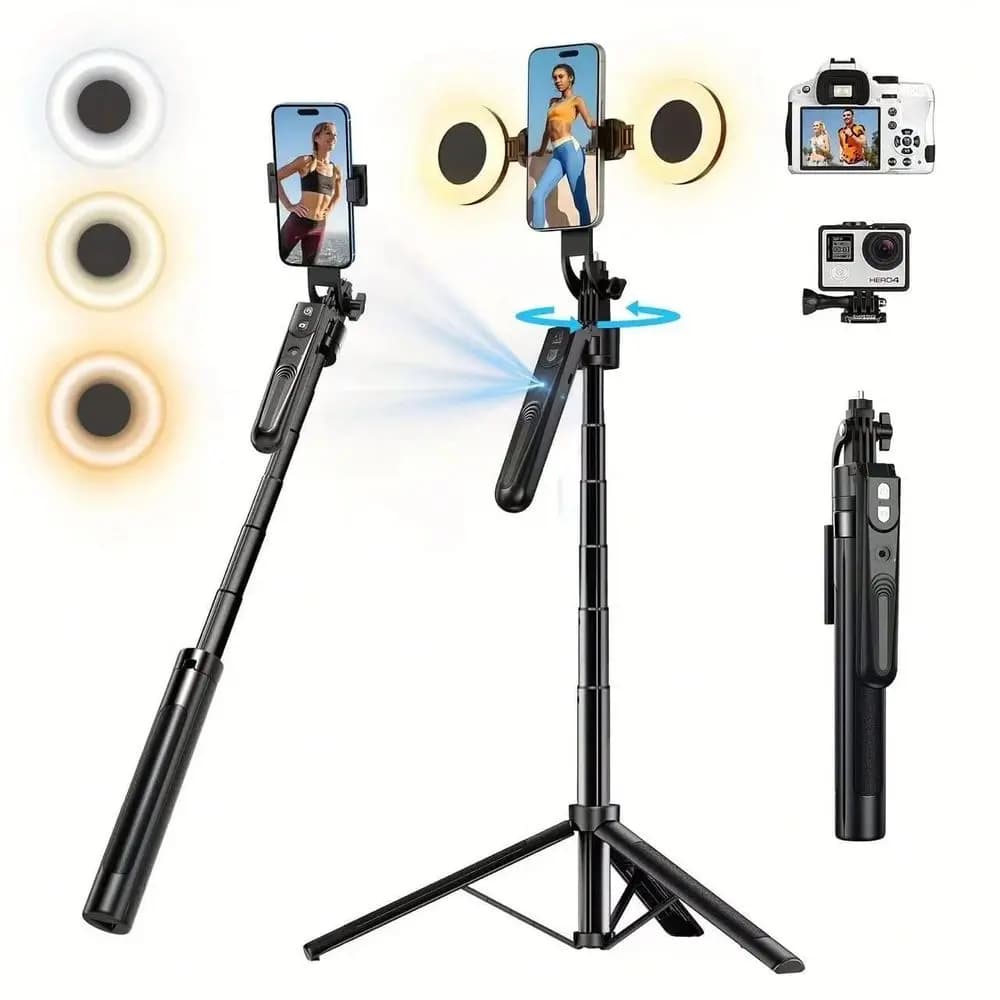 Treppiede con Tracciamento Automatico del Viso, Rotazione a 360° con Luce, Senza App, Supporto per Telefono con Sensore di Movimento 70.9, Montaggio per Fotocamera e Telefono