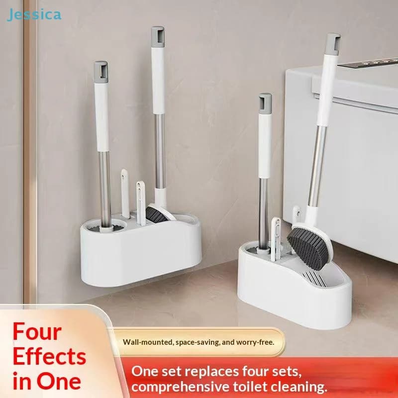 ♥ Set di spazzole per la pulizia dei WC a parete 4 in 1 | Kit scopino salvaspazio per il bagno con supporto (strumenti per la pulizia dei WC all-in-one)