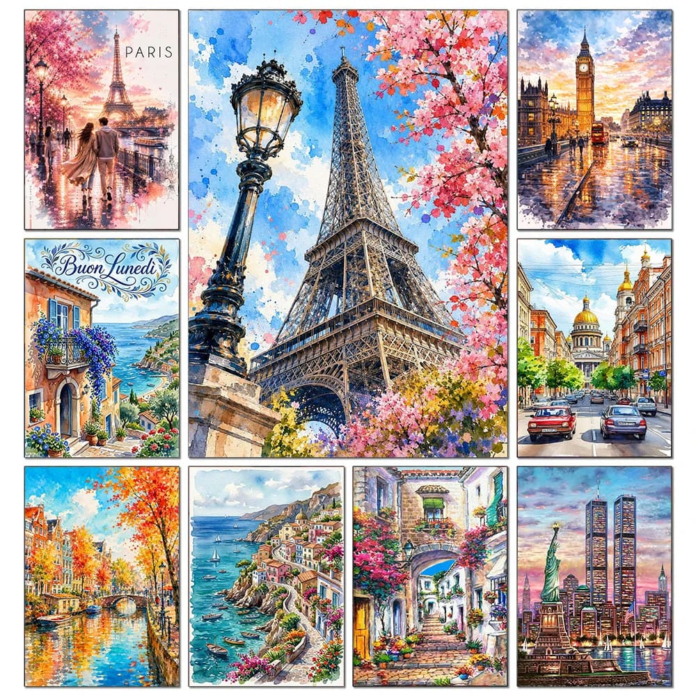 5D DIY Romantic Cityscapes Diamond Painting Paris Eiffel Tower London Full Drill Mosaic Embroidery Wall Decor for Perfect Gift