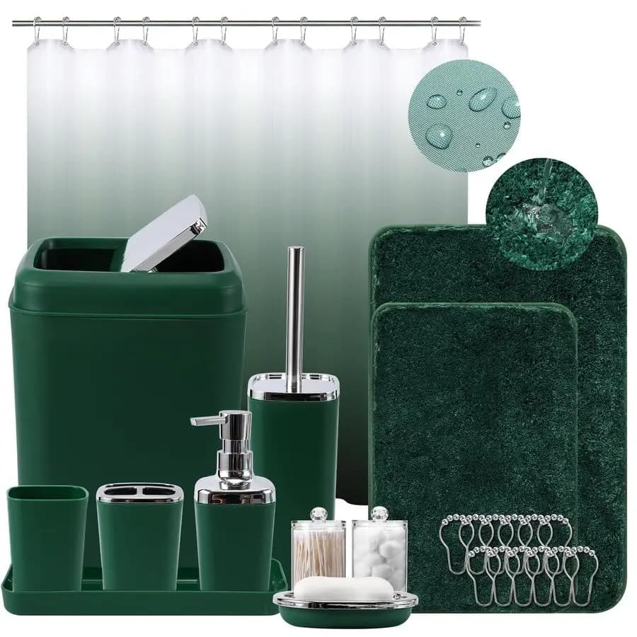Set di Accessori per Bagno Verde Scuro con Tenda Doccia e Tappetini Antiscivolo, Set da Bagno 24 Pezzi con Cestino, Portaspazzolino, C
