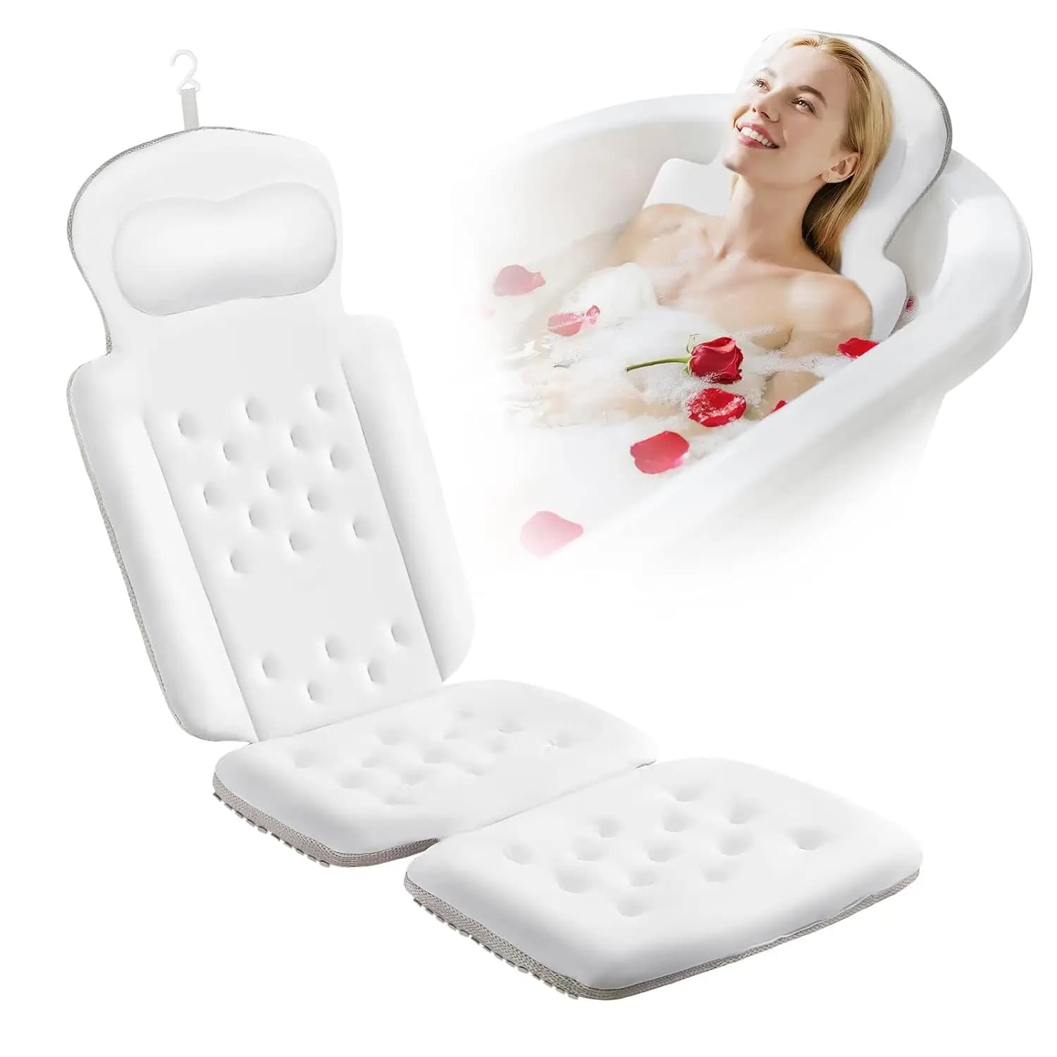Bathroom cushion for the whole body with 192 suction cups, head and neck support for tub, includes white wash bag, 51" x 16"