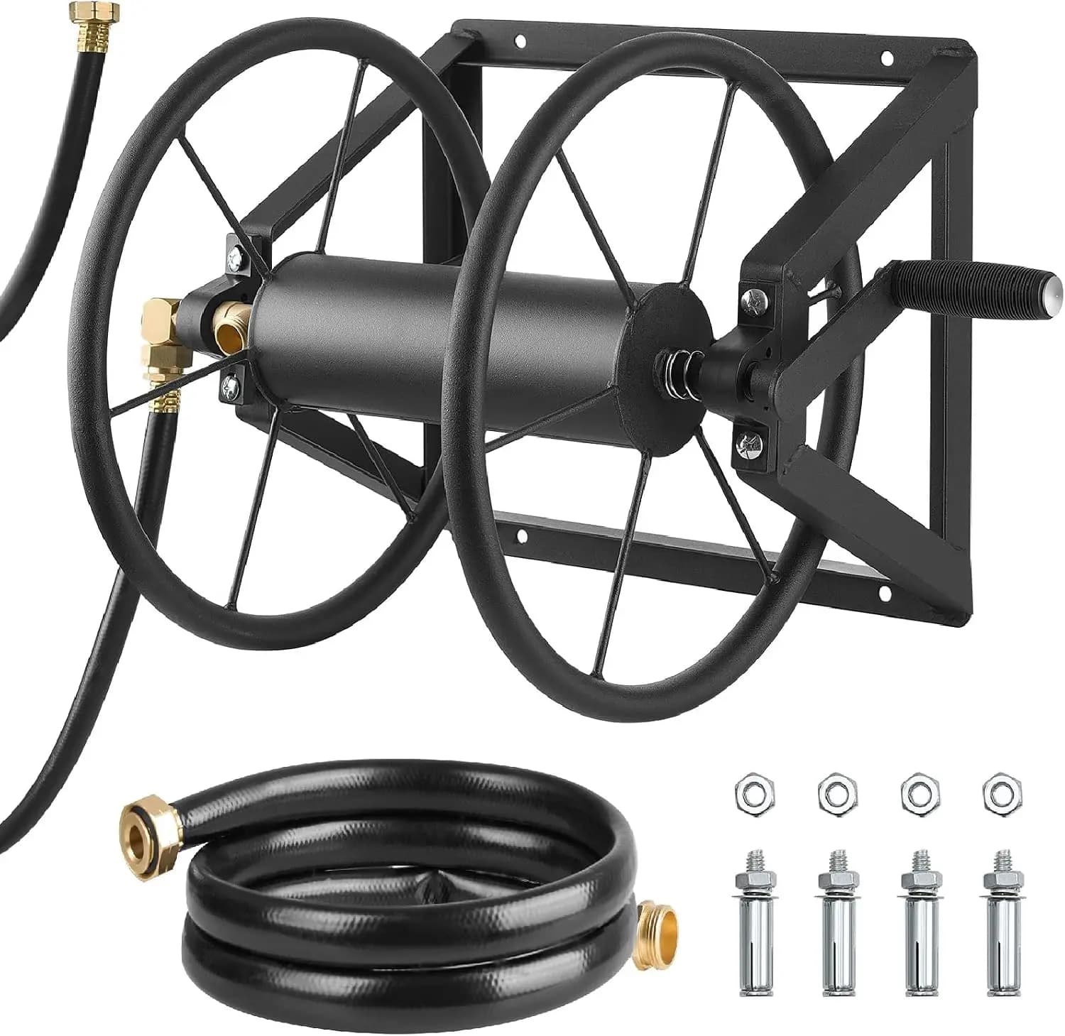 Wall Mounted Garden Hose Reel, Manual Water Hose Winder Heavy Duty Steel Outdoor Hose Holder With Brass Fitting And Leader Hose, Space Saving Water Reel For Yard Lawn Garage Patio, Black