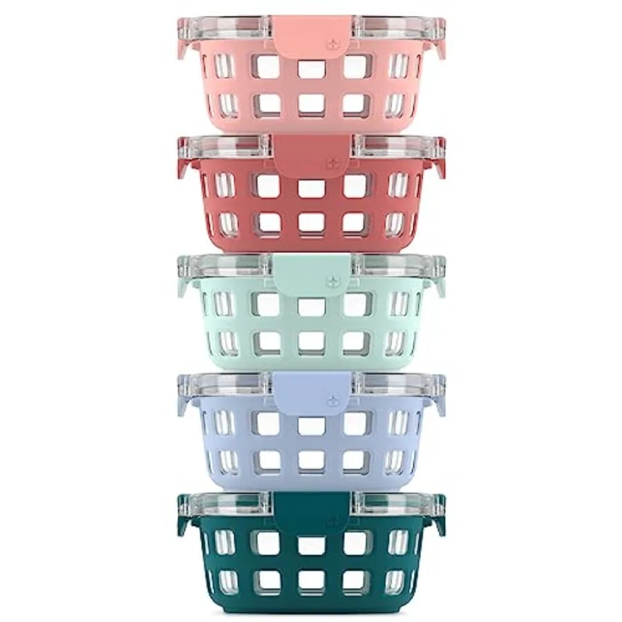 Set di Contenitori per Alimenti in Vetro Duraglass, 10 Pezzi, 5 Confezioni - Contenitori con Guaina in Silicone e Chiusura Ermetica Senza BPA