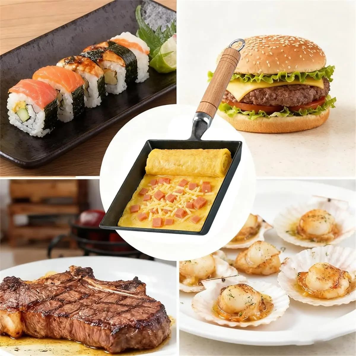 Cast Iron Tamagoyaki Pan, Japanese Egg Omelette Pan, Rectangular Breakfast Sandwich Frying Pan with Wooden Handle