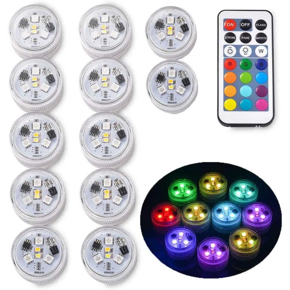 Mini Submersible RGB LED Lights with Remote Control, 3LED Waterproof Underwater Battery Powered Tea Lights for Fish Tank Wedding