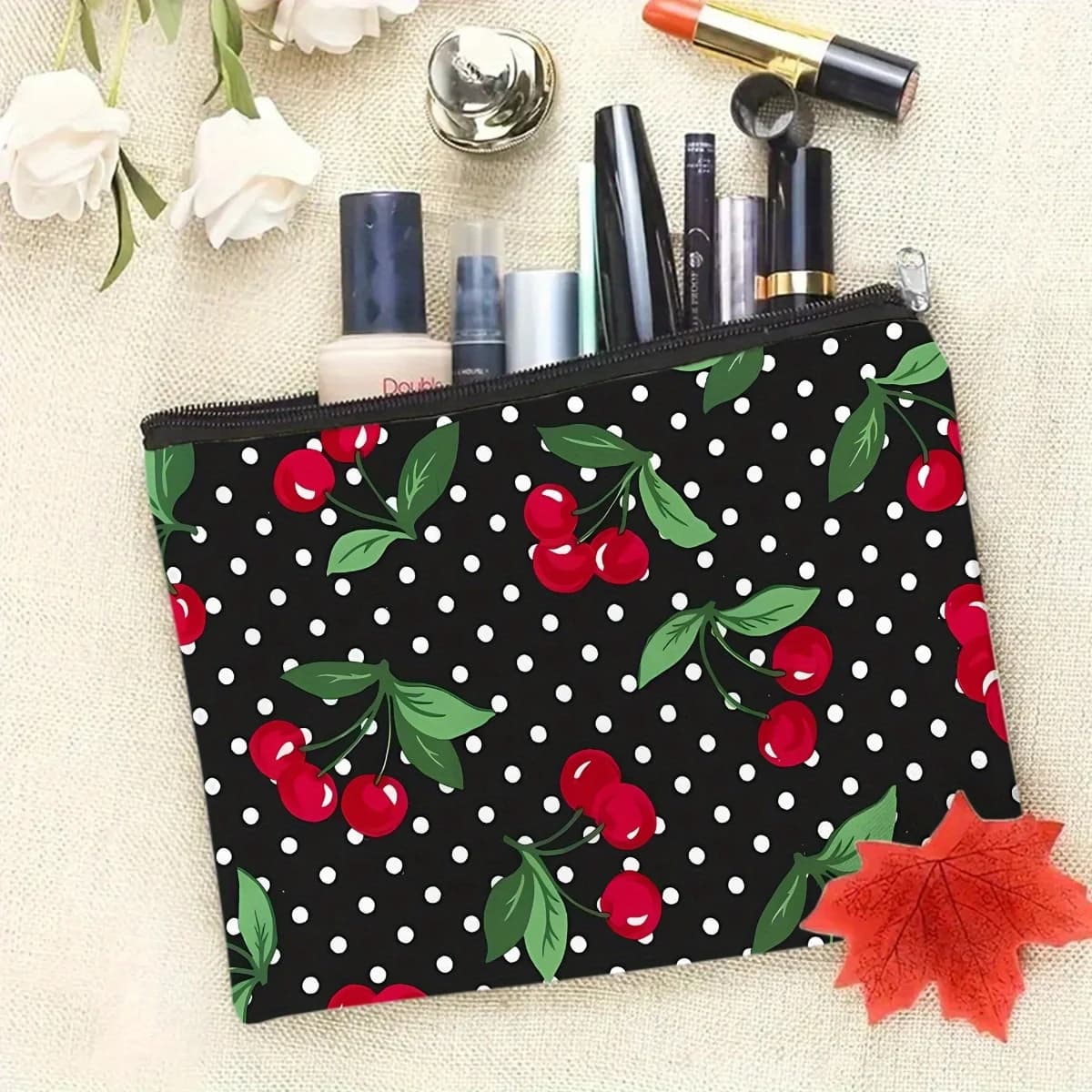 Borsa per il trucco con design a ciliegia, 1 pezzo - Pochette multifunzionale con cerniera per donna, perfetta borsa da viaggio con cerniera, divertente regalo di compleanno