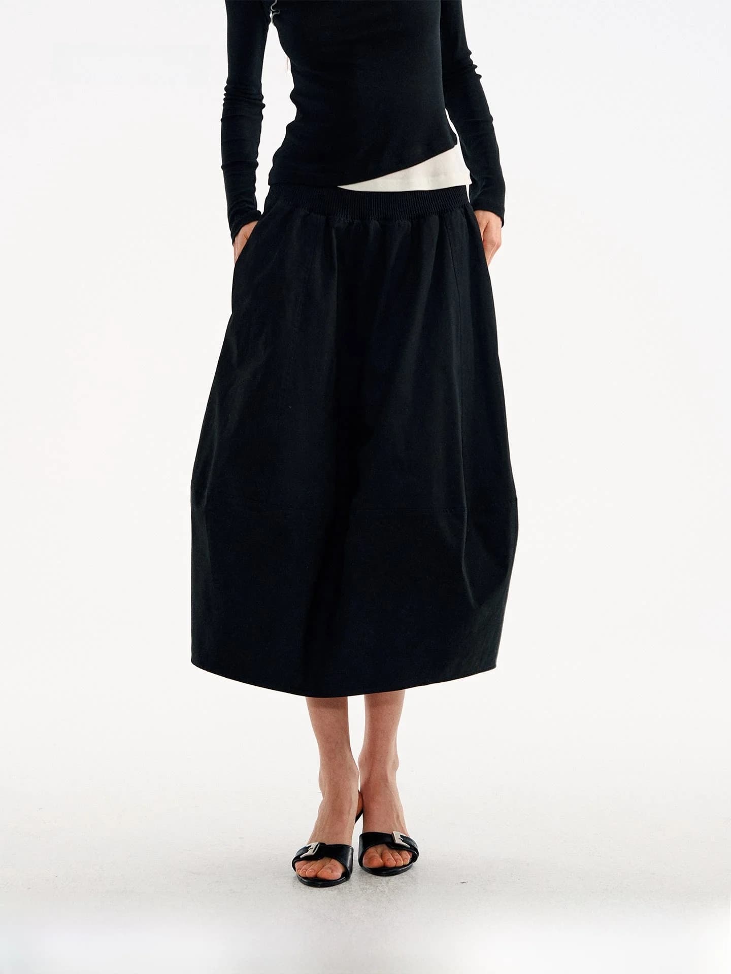 Muse Naps Bla Flower Bud Skirt Women's Lantern pe Elastic Waist Casual Slimming Midi Length f Skirt Cotton Casual Sle