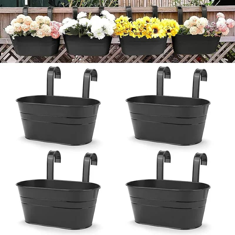 yesMetal Iron Hanging Flower Pots For Railing Fence Hanging Bucket Pots Countryside Style Window Flower Plant Baskets Holder