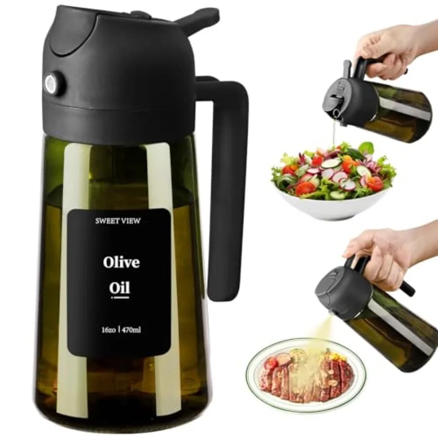 Spruzzatore per Olio d'Oliva da Cucina, Contenitore in Vetro Anti-Luce da 470ml/16oz con Adesivi per Friggitrice ad Aria, Cucina, Insalata
